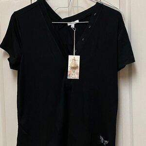 Johnny Was Calme Modal Jersey Button Neck Tee M Black